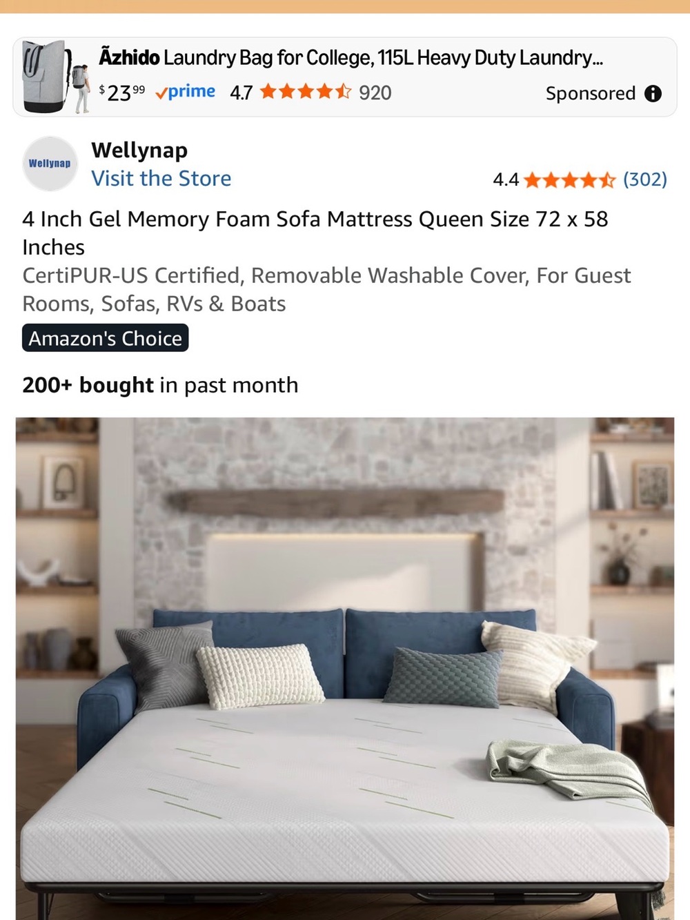 Queen Gel Memory Foam Sofa Mattress - White